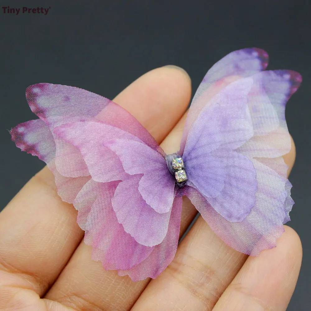 10pcs 75mm Four-layer Lavendar Pruple Stone Organza Butterflies Fabric Butterfly Applique Patches Bridal Wedding Decoration