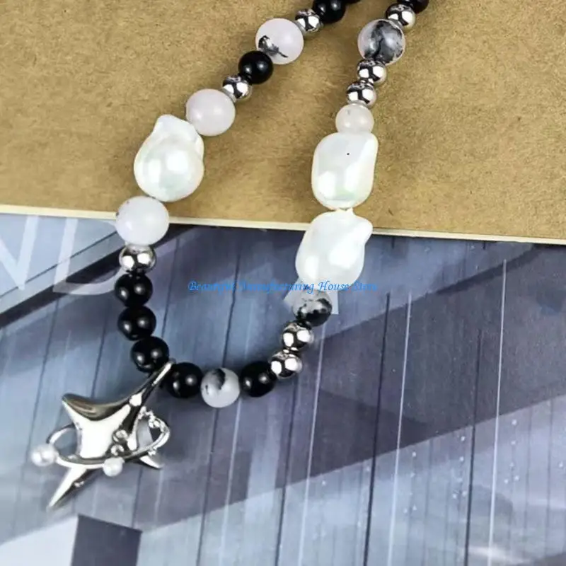 

E56A Pearl Beaded Choker Necklace Y2k Aesthetic Jewelry Alloy Material for Women