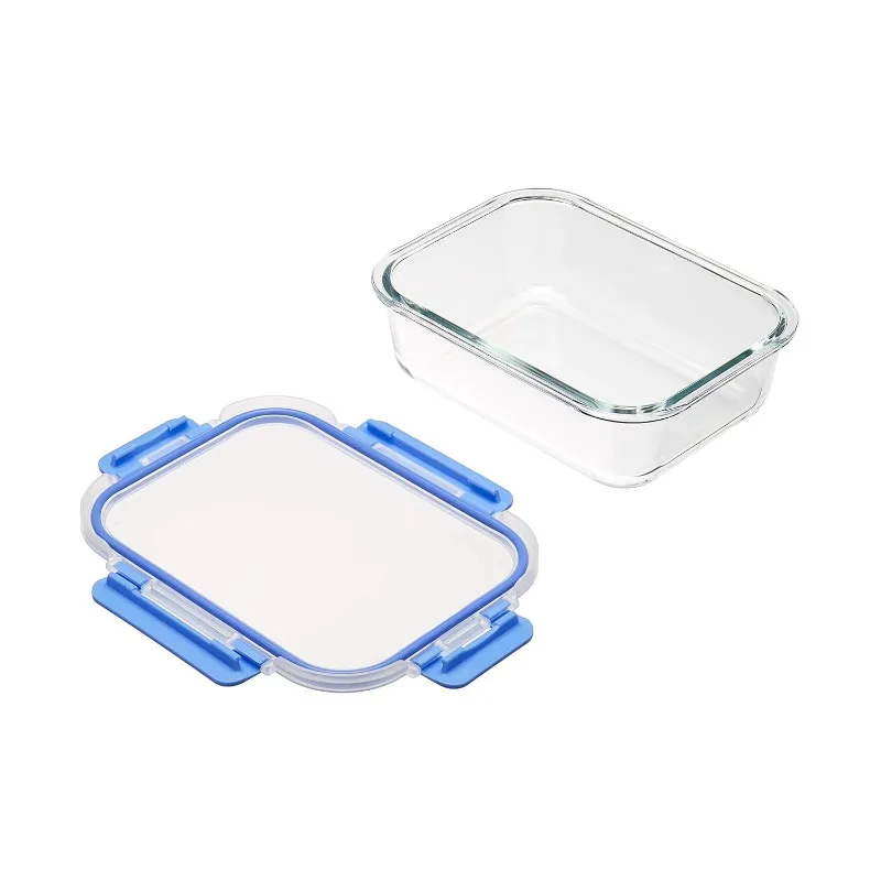 Glass Food Storage Containers with Locking Lids, Set of 14, BPA-Free, clear with blue silicone ring