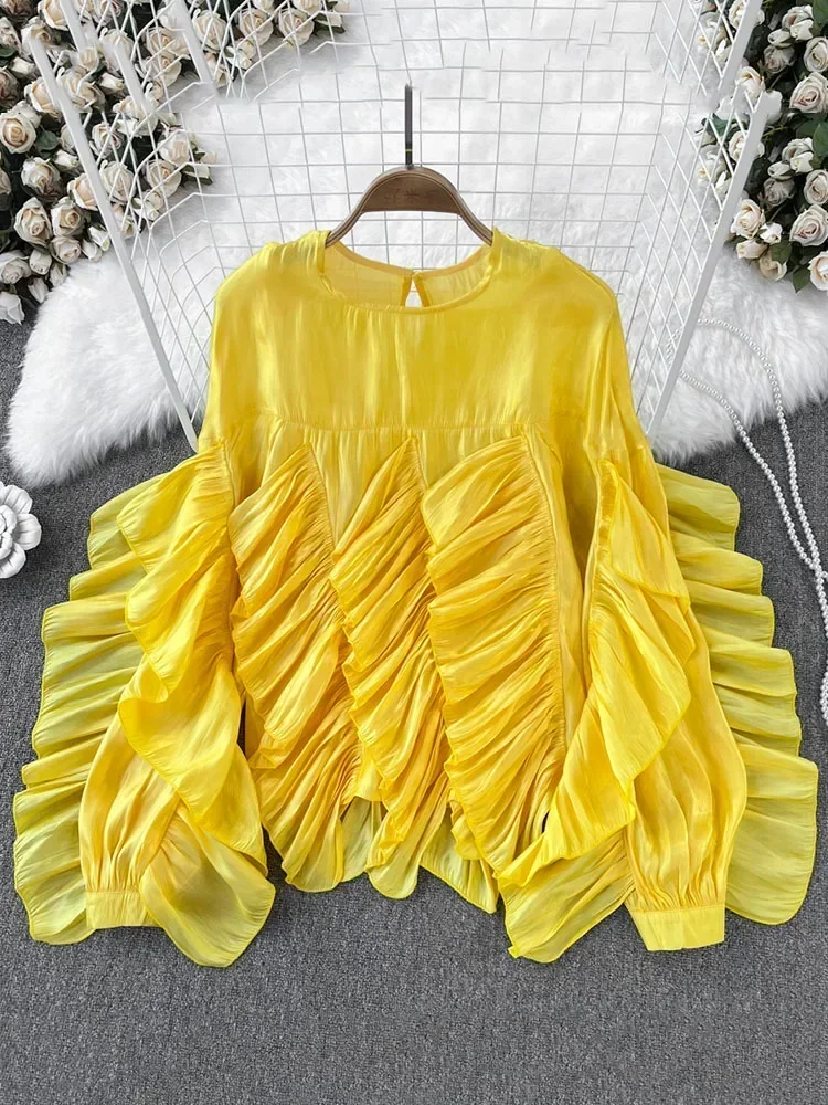 

Женские блузки в милом стиле для молодых женщин, с круглым вырезом, рюшами, длинными рукавами, асимметричные, однотонные, свободного кроя, осень 2023, новинка 27SN3877