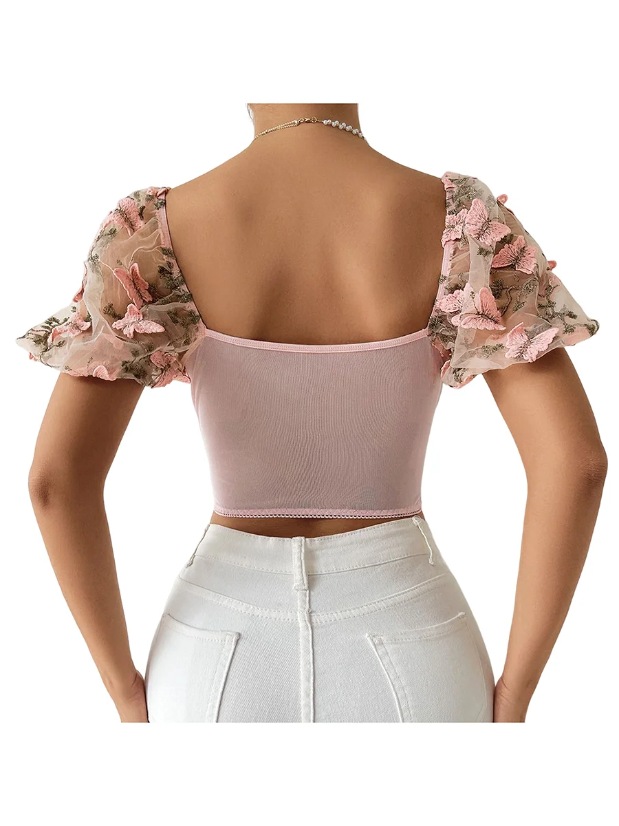 Women Floral Lace Short Sleeve Crop Top Sexy Square Neck Backless Mesh Tights T-Shirts