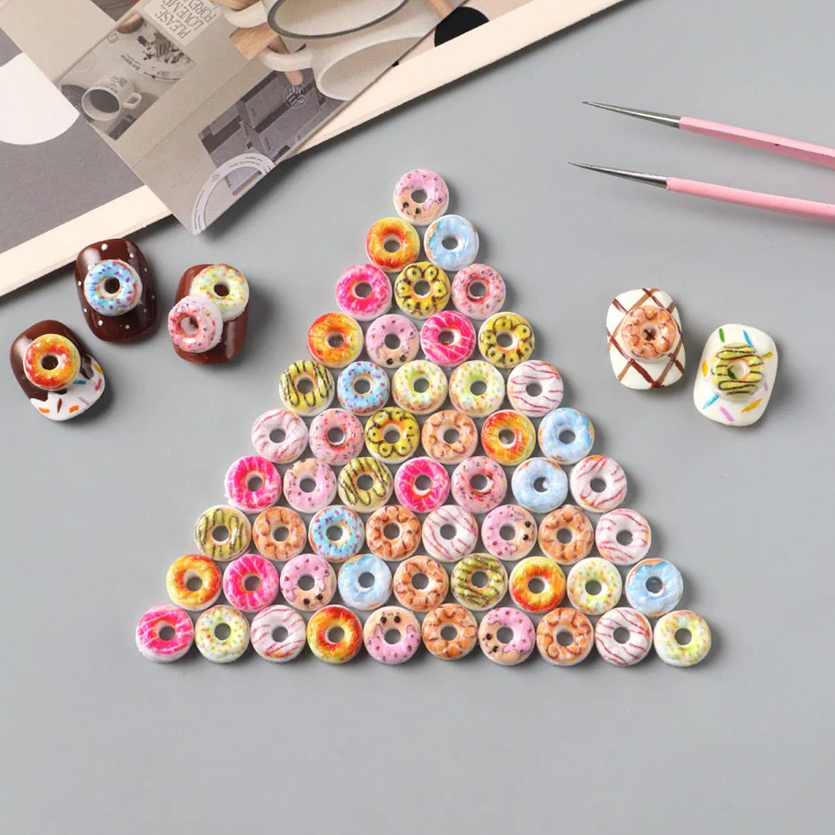 50/100 pcs Cute Cartoon Mini Donut Nail Art Charms Fresh Sweet Dessert Cookies Donuts DIY Nail Decoration Nail Durable Craft Acc