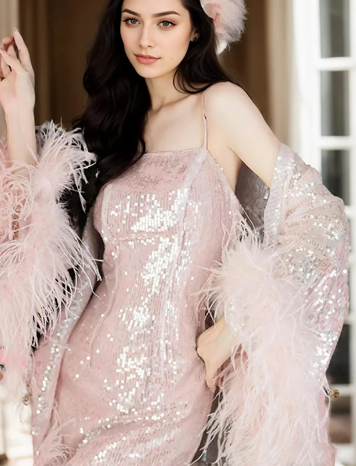 Modern Bilng Women Home Clothes Female Party Spaghetti Strap Feather Rayon Dresses Bathrobe Loungewear Nightgowns Customized