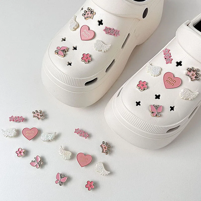 10/14Pcs Pink Rhinestone Butterfly Flower Shoe Charms Pearl Chain Shoe Decorations Floral Ornaments for Sandals Accessories