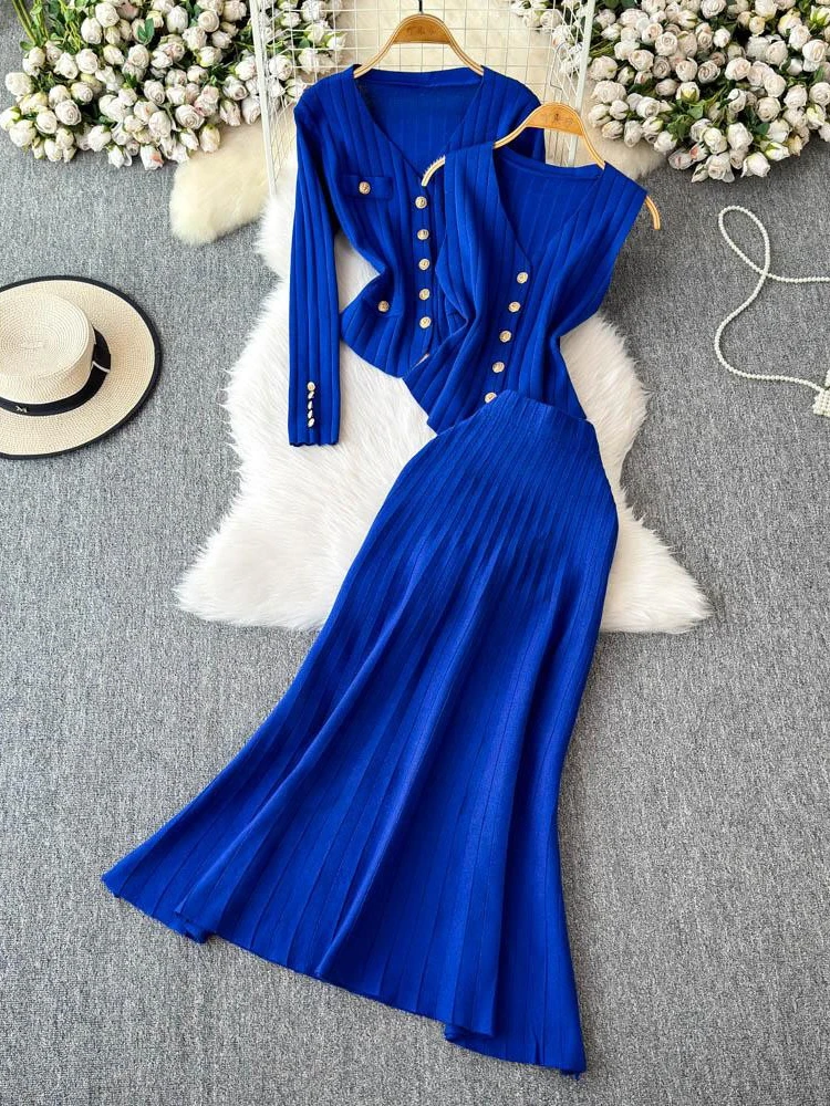 Women Knitted Three Piece Sets Autumn Winter Sleeveless Vest Metal Buckle Long Sleeve Cardigan High Waist Long Skirt Suits