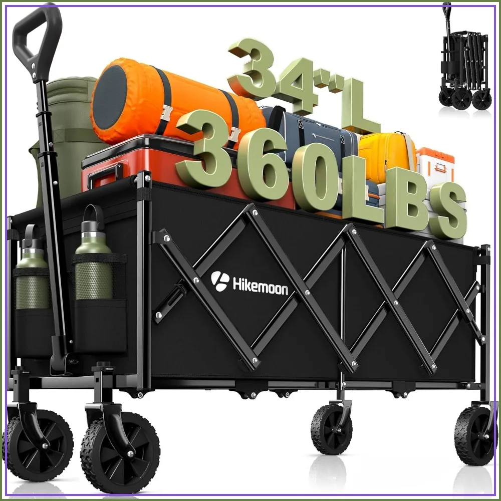 

34'' Extra Long Collapsible Wagon Cart, 360LBS Heavy Duty Folding Beach Wagon with Wheels, Portable Utility Cart for Grocery, Shopping, Garden, Sports, Camping