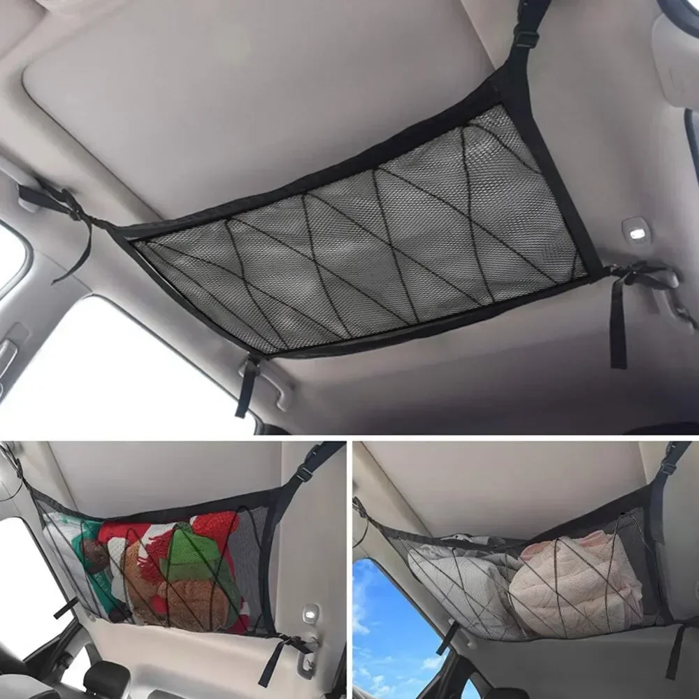 Car Ceiling Storage Net Pocket Car Roof Storage Organizer Breathable Mesh Bag Adjustable Mesh Pocket Interior Cargo Storage Bag