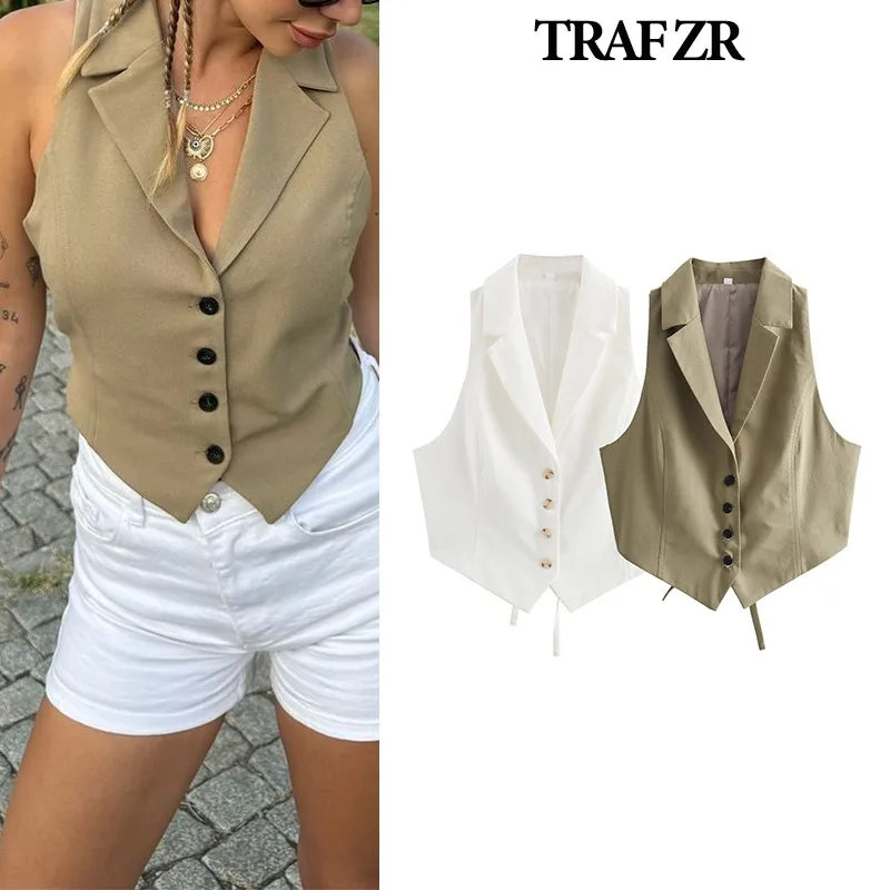 TRAF ZR Basics Vests for Women 2024 Summer Ladies Tops Sleeveless Holiday Tops Women\'s Fashion Vests Solid Vintage Vest