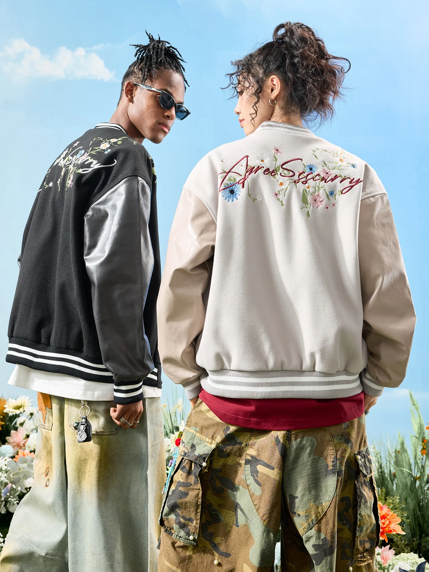 

Бейсбольная куртка Nuthink в американском ретро-стиле с цветочной вышивкой, свободная, весна 2026, полиэстер, повседневная, круглый вырез