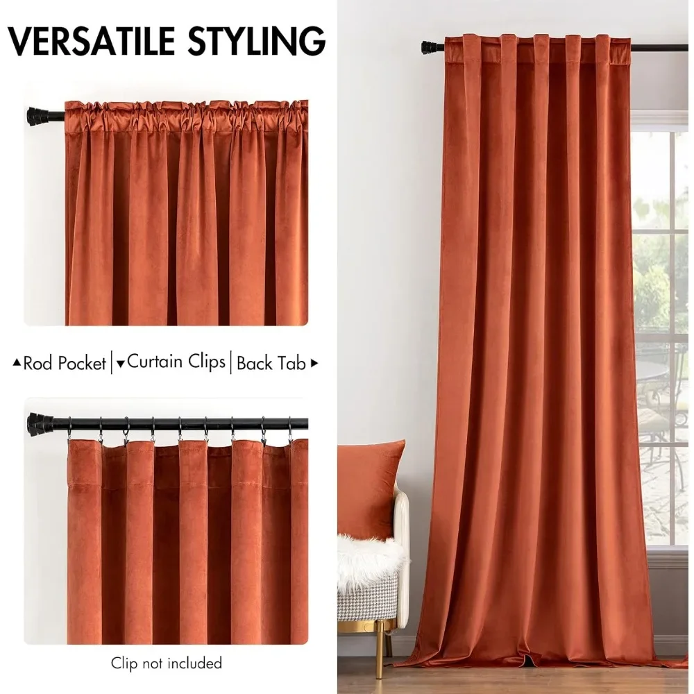 Velvet Curtains 108 inches Long 2 Panels - Luxury Burnt Orange Curtains for Bedroom Living Room Thermal Insulated Super Soft