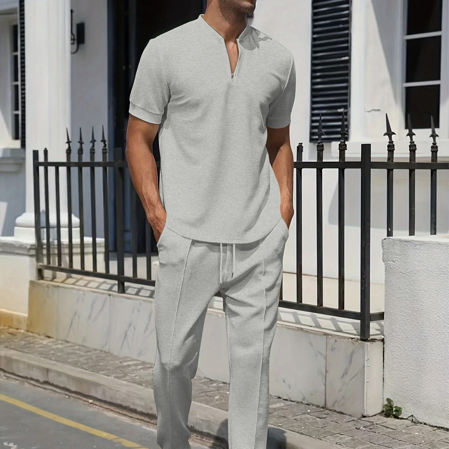 Men's Summer Suit, Waffle Fabric, Short-Sleeved Top, Jacquard Polo Shirt, Drawstring Trousers 2-Piece Set, Men's Leisure Suit