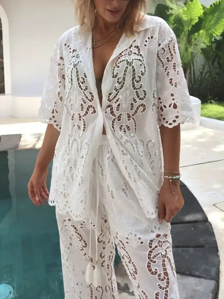 

Madeira Embroidery Hollow Out Women White Set Turn-down Collar Short Sleeve Single Breasted Shirt + High Waist Wide Leg Pants