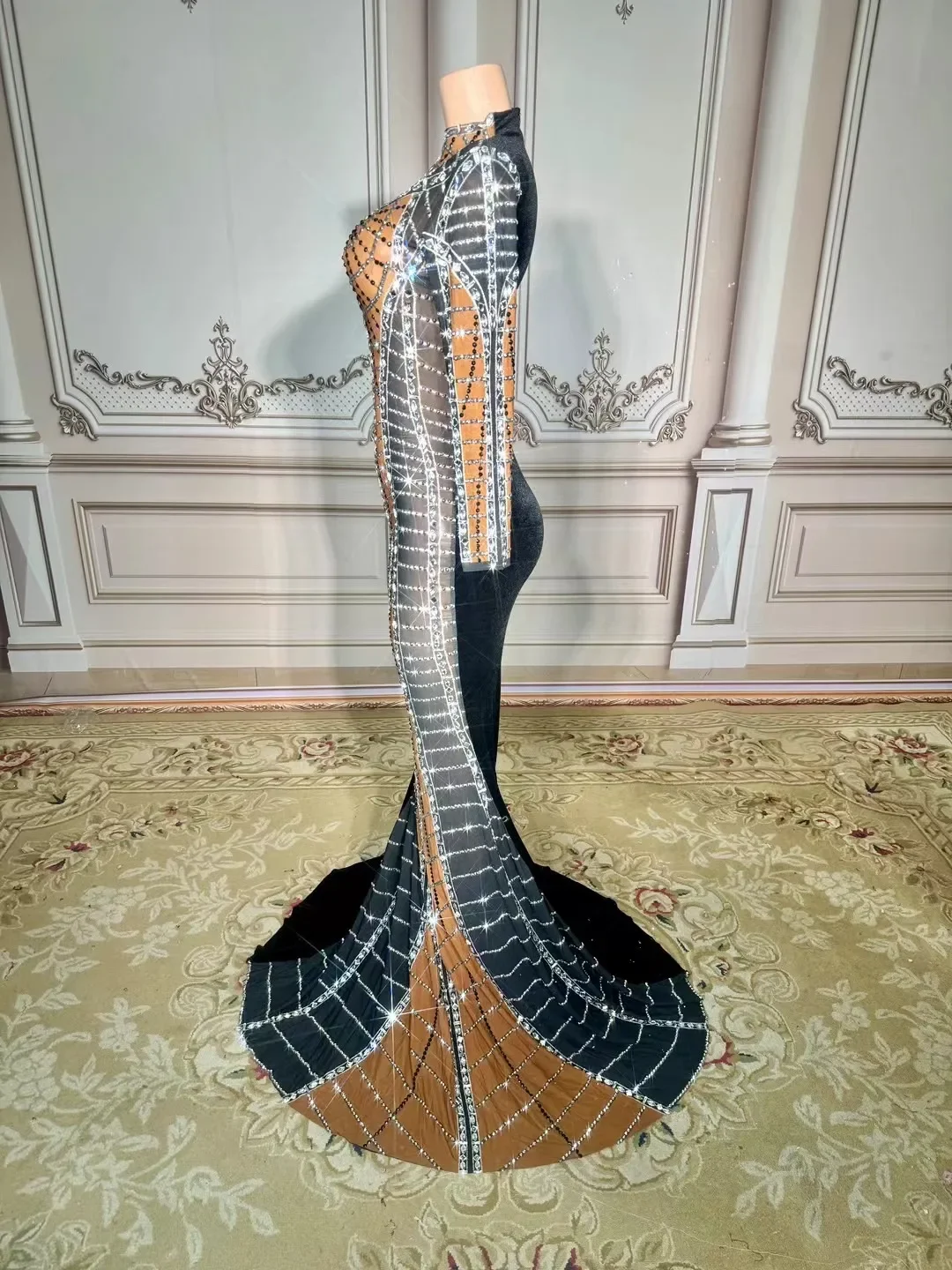 생일 원피스 투명 메쉬 슬림 긴팔 패션 블랙 벨벳 롱 원피스 나이트바 클럽 파티 디너 웨어, 무대 코스튬