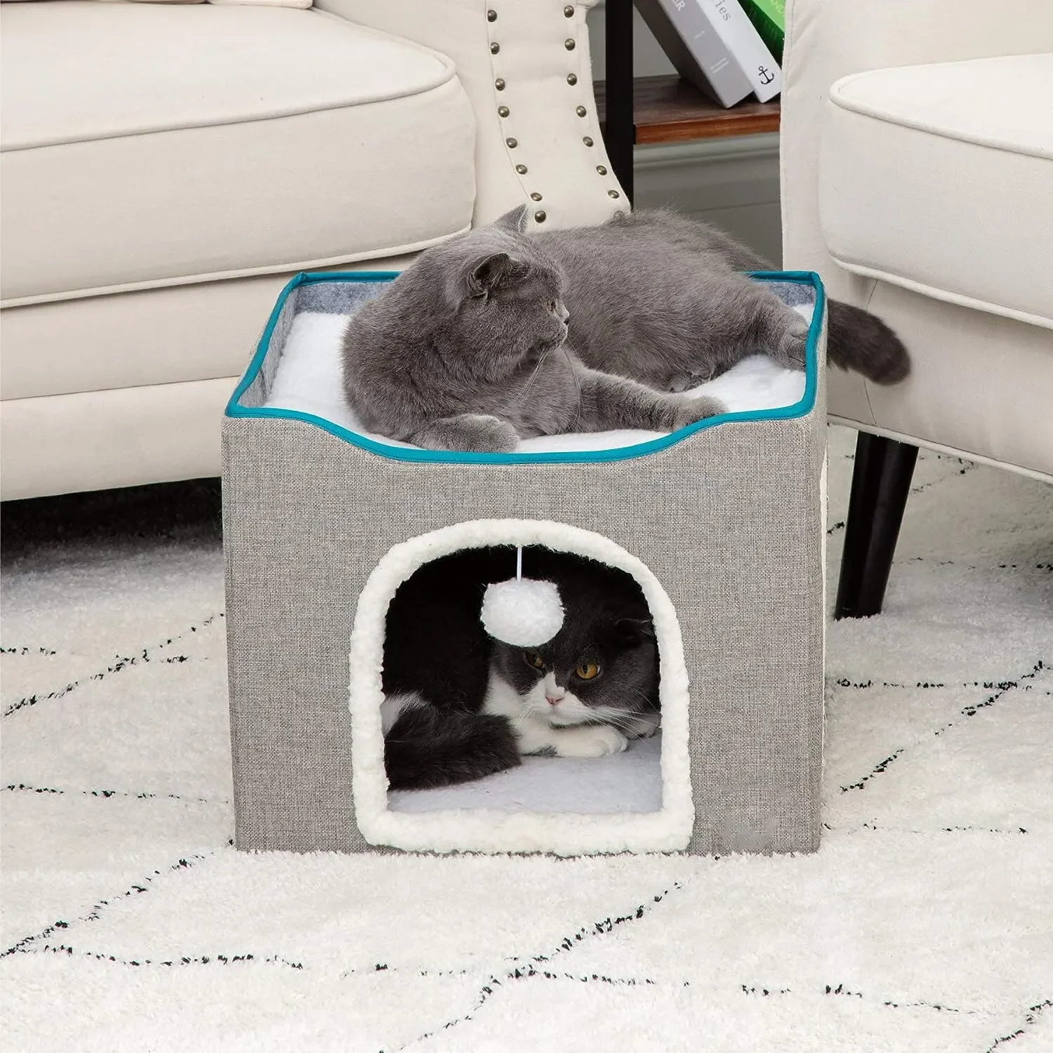 

Foldable Large Cat Cave for Pet Cat House with Fluffy Ball Hanging and Scratch Pad and Leisure Calming Pet Bed for Indoor Cats