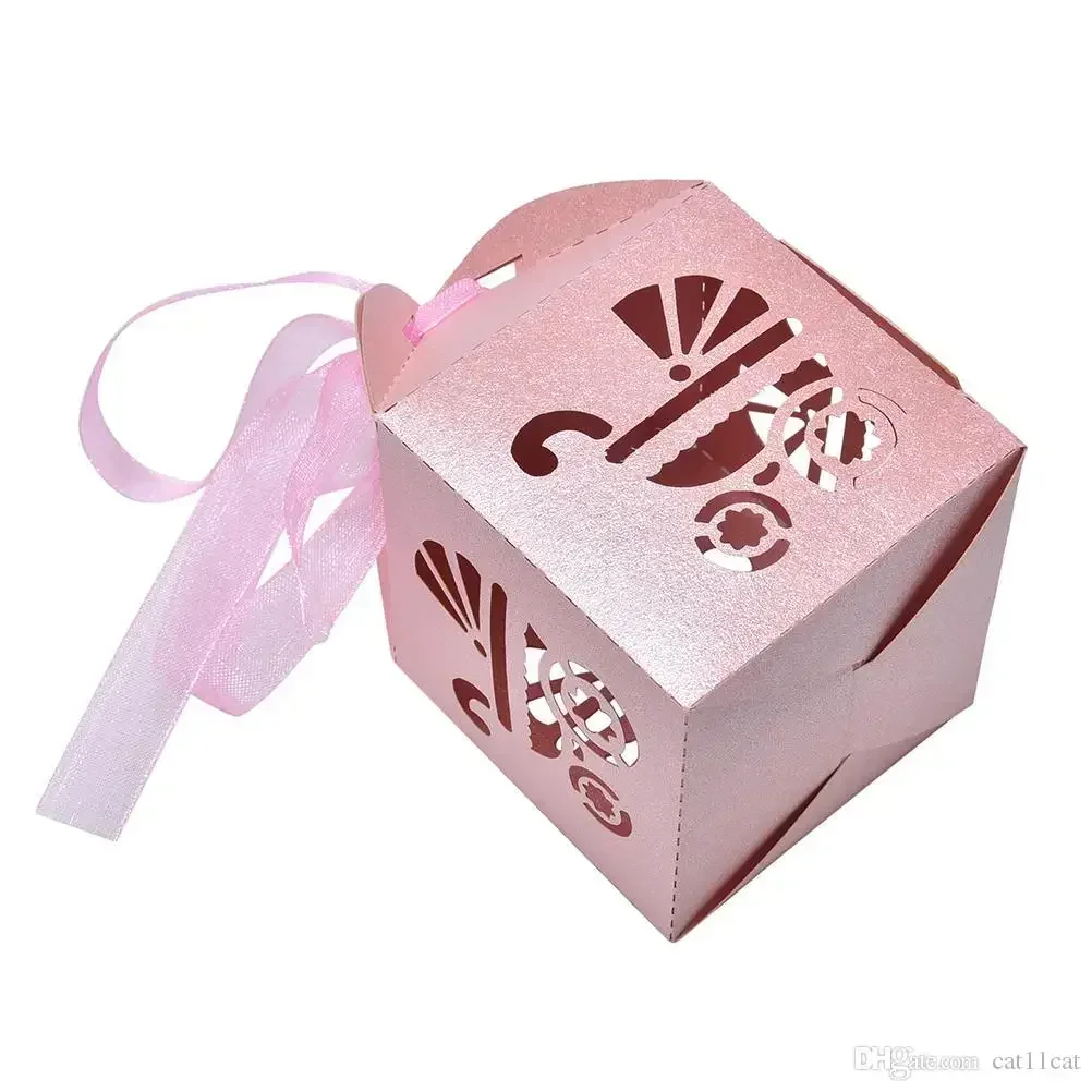 50pcs Laser Cut Baby Carriage Favor Box Bomboniere Gift Candy Boxes Baby Shower Party Decoration 4F