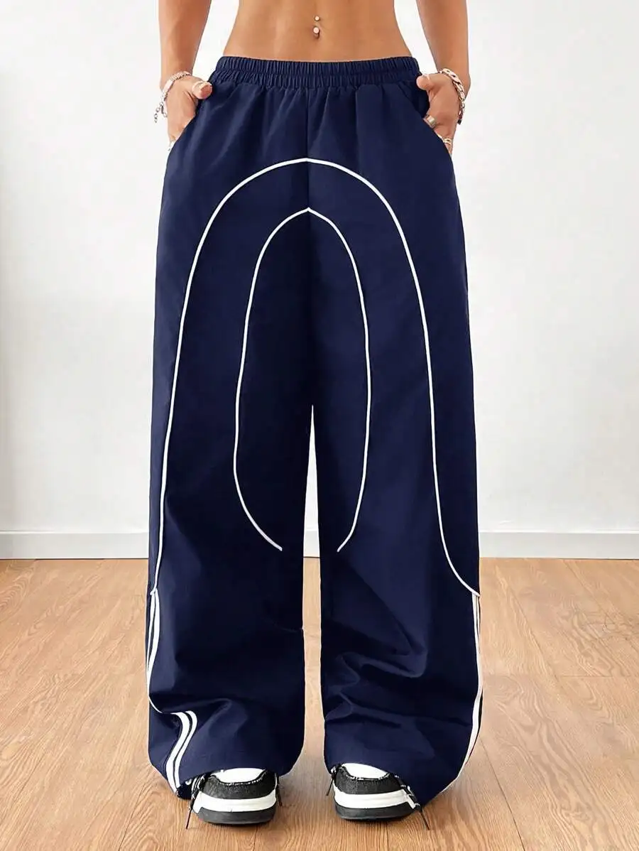 Women's High Street Wide Leg Pants White Stitching Line Elastic Waist Loose Fit Casual Trousers Daily & Streetwear Sporty Style