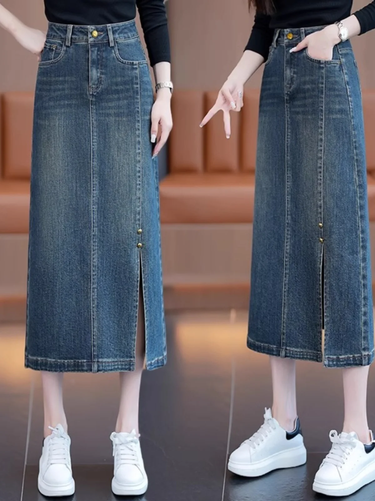 

Джинсовая юбка с разрезом в стиле ретро, тонкая длинная женская юбка трапециевидной формы с высокой талией, весна-осень 2025, новая однотонная юбка-миди для поездок на работу