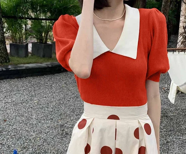 Spring/Summer New Color Contrast Splicing Turn-down Collar Slim Fit Short Sleeve Knitted T-shirt For Women,8 Colors