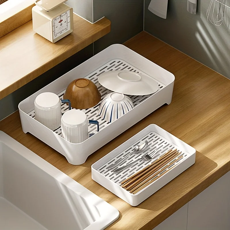 Drain Storage Tray Coffee Chapstick Makeup Pallets 2 Tier Dish Drying Rack Double Layer Drain Tray Kitchen Cutlery Organizer