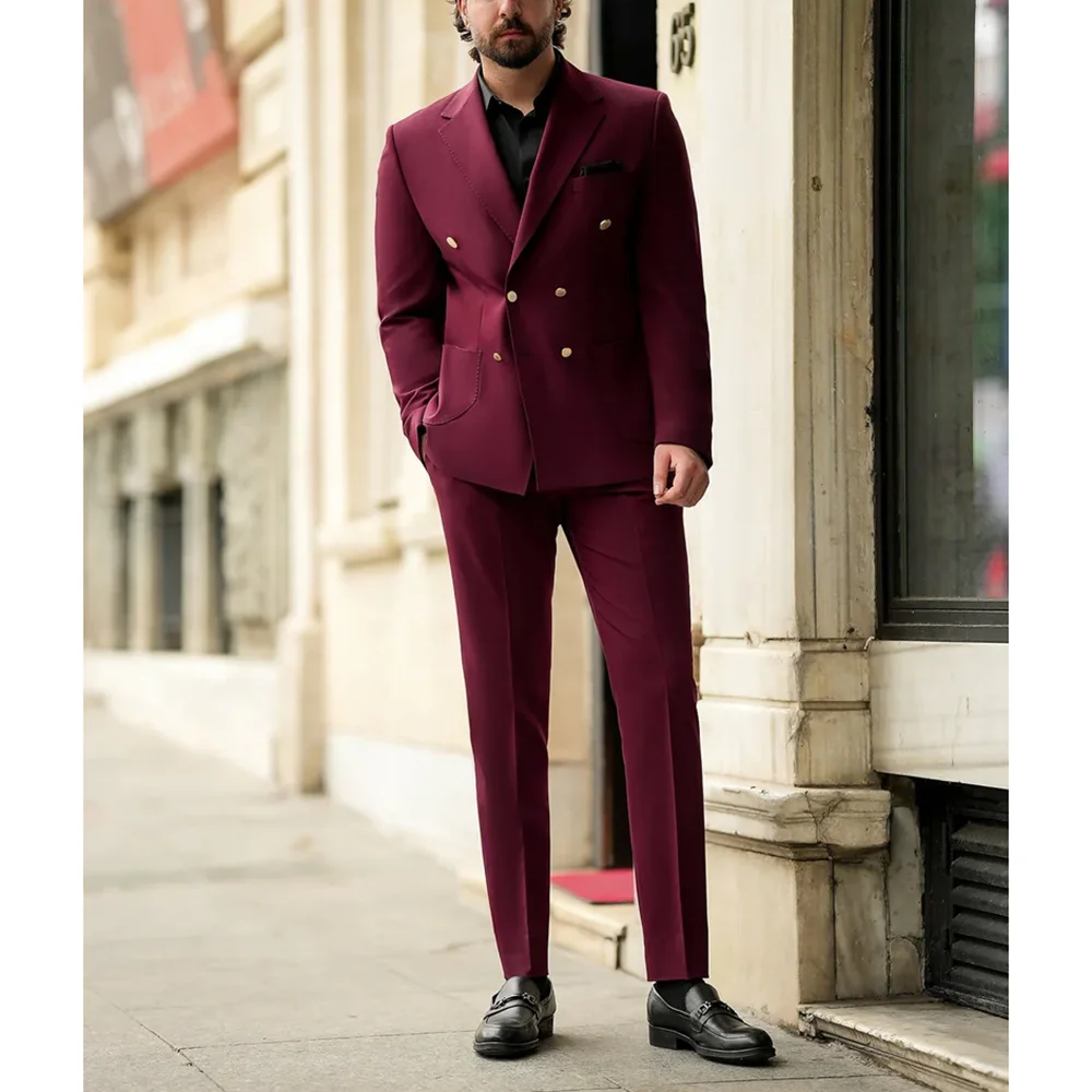 

Formal Burgundy Double Breasted Peaked Lapel Men Suits 2 pieces (Jacket+Pants) Wedding Evening Party Sets Formal Banquet Suits
