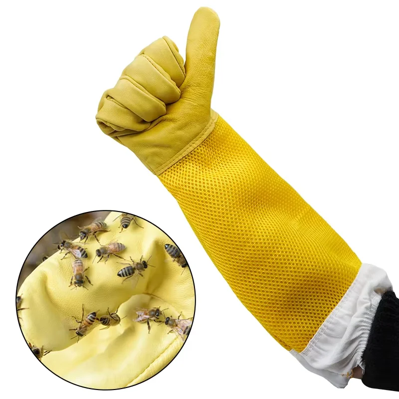 1 Pair Beekeeping Gloves Sting Sheepskin Long Gloves For Beekeepers Beekeeping ToolsProtective Sleeves Mesh Breathable Anti Bee