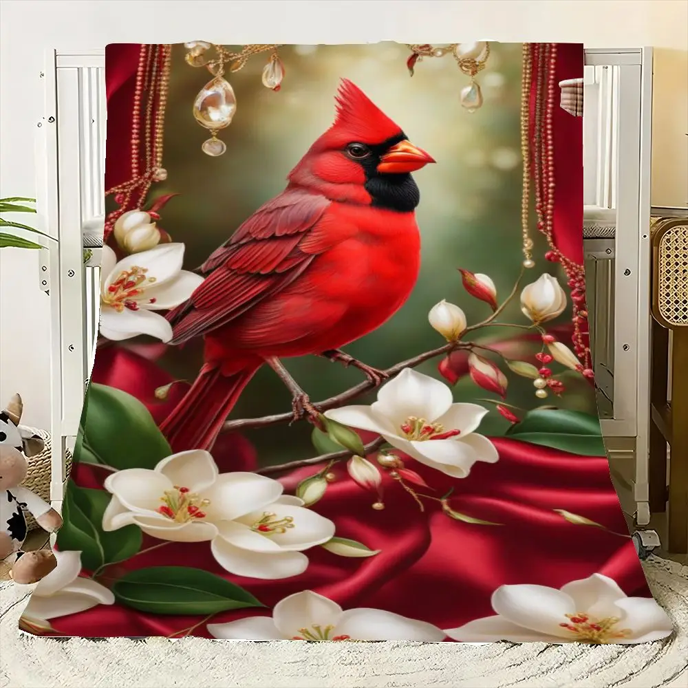 Vibrant Red Cardinal on Branch with White Flowers and Green Leaves - Luxurious Home Decor Throw Blanket with Elegant Red Satin D