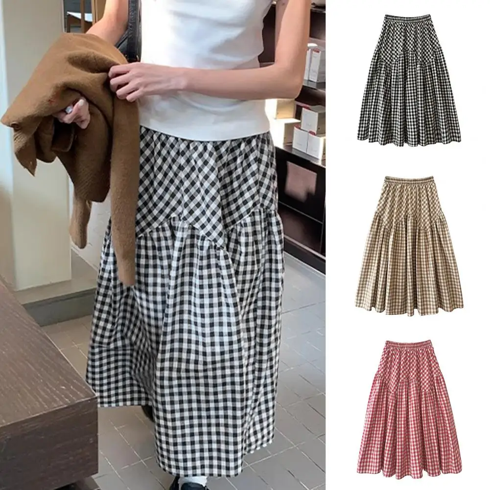 

Vintage Plaid Floral Print A-line Pleated Skirts Summer Women 2024 Korean Skirt Streetwear Elastic Waist Midi Skirt Swing Daily