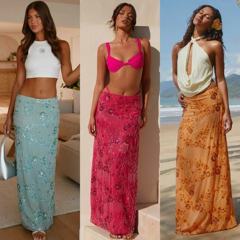 Sexy Sequins Embroidery Bodycon Skirt for Women Elegant Y2K Stretch High Waist Floral Slim Celebrity Party Evening Maxi Skirt