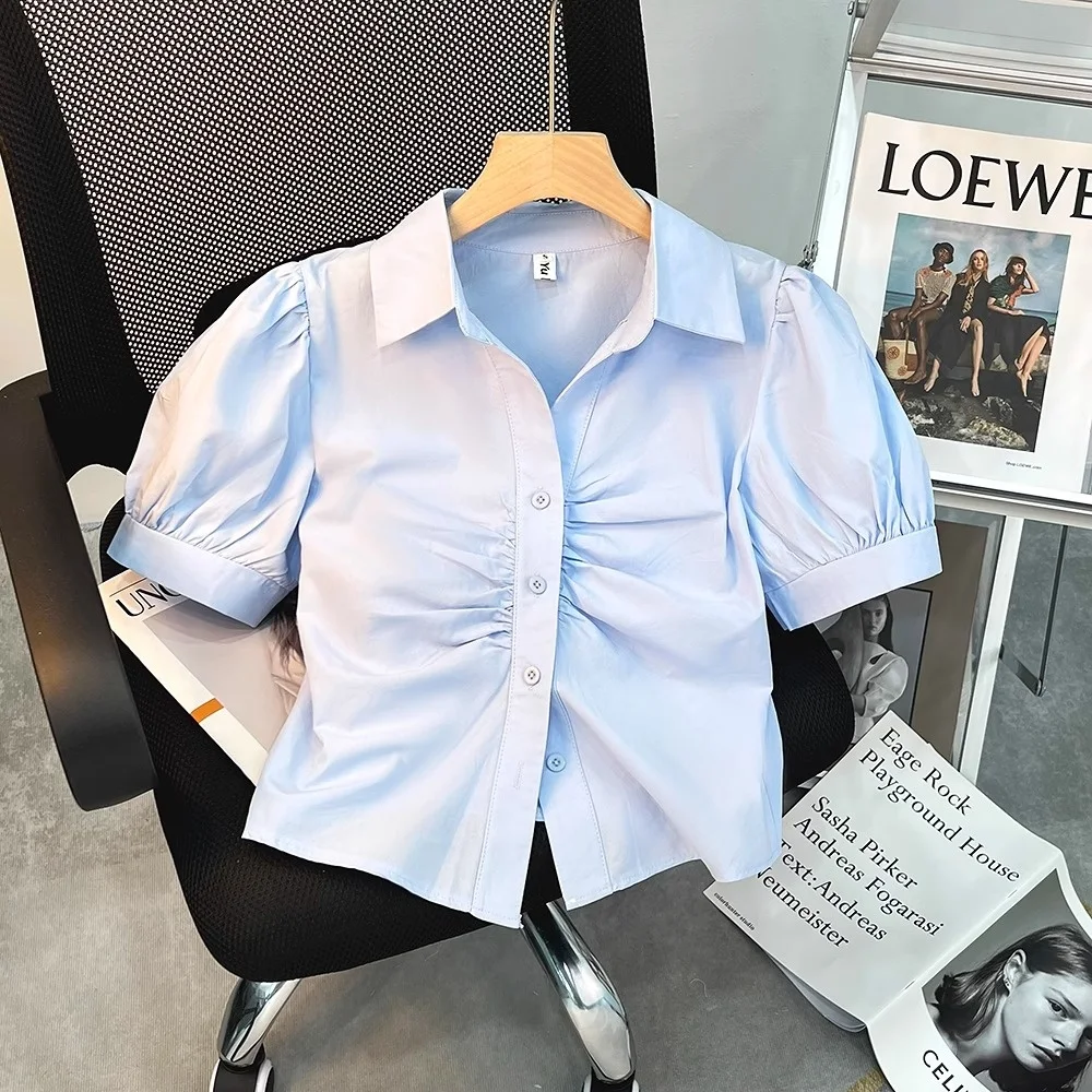 Damska bluzka typu bubble, letnia, nowa, młodzieżowy design, wersja koreańska, dopasowany krój, włókno poliestrowe.