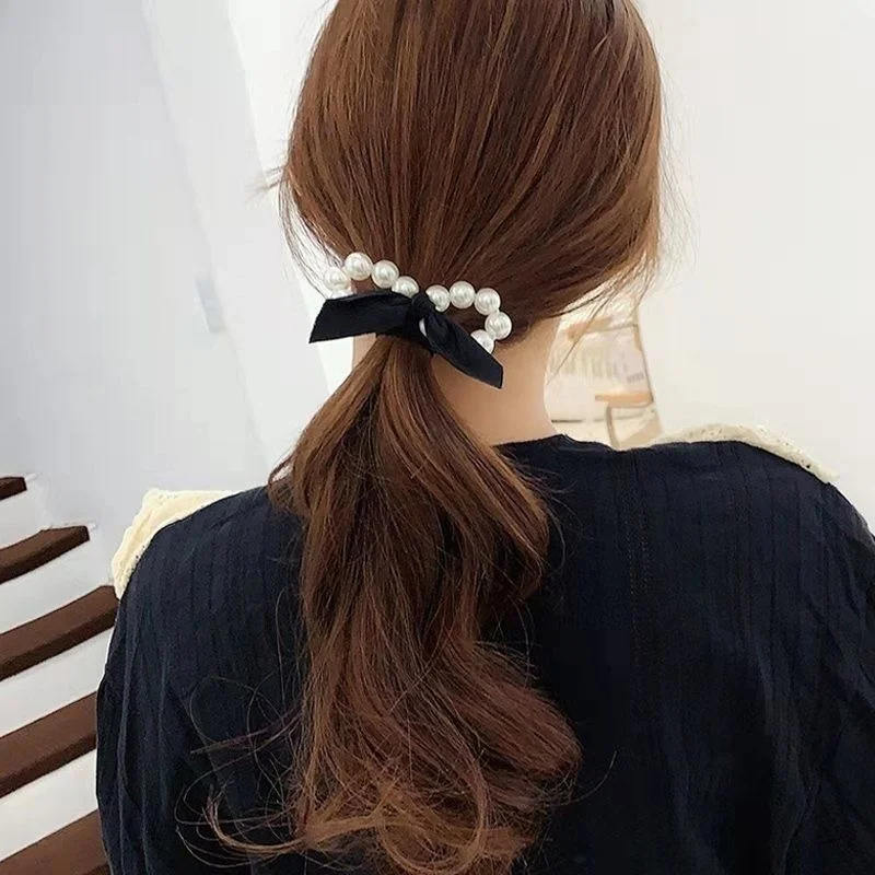 1 Pc Girls Pearl Bowknot Headwear Elastic Hair Bands Head Tie Rope Ponytail Hair Circle Headdress Woman Hair Accessories