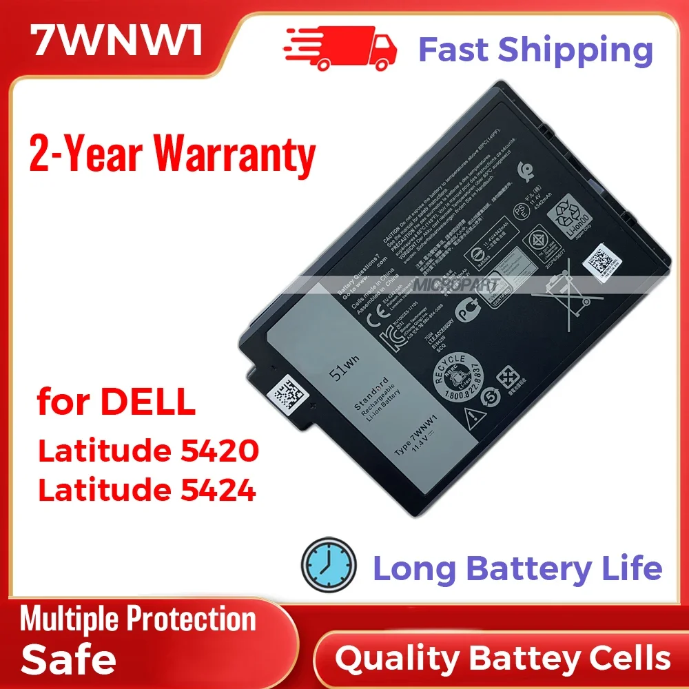 

51Wh 7WNW1 Replacement Laptop Battery for Dell Latitude 5420 Latitude 5424 Latitude 7424 11.4V Long Battery Life