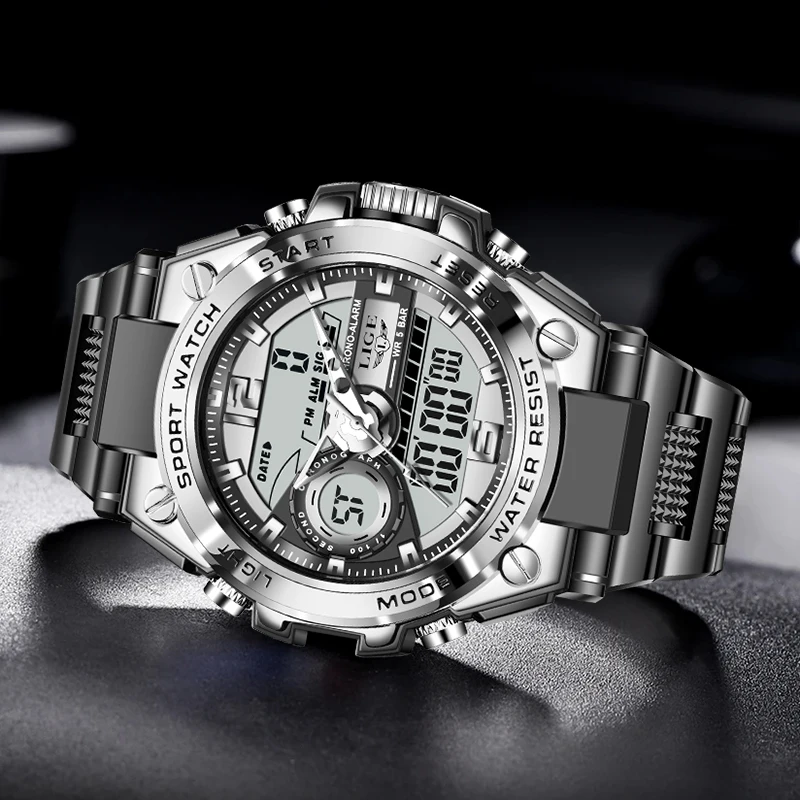 LIGE Dual Display Watch Men Fashion Business Silicone Sports Chronograph Man Wristwatch 50M Waterproof Alarm Quartz Chronograph