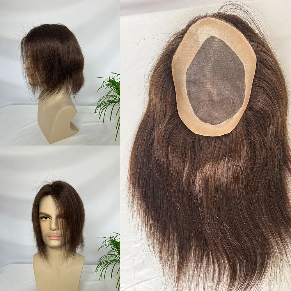 European Hair Replacement System Unit For Men Hair Long Mono Lace with PU Around Men's Toupee Hairpieces 8x6inch #3 Brown Color