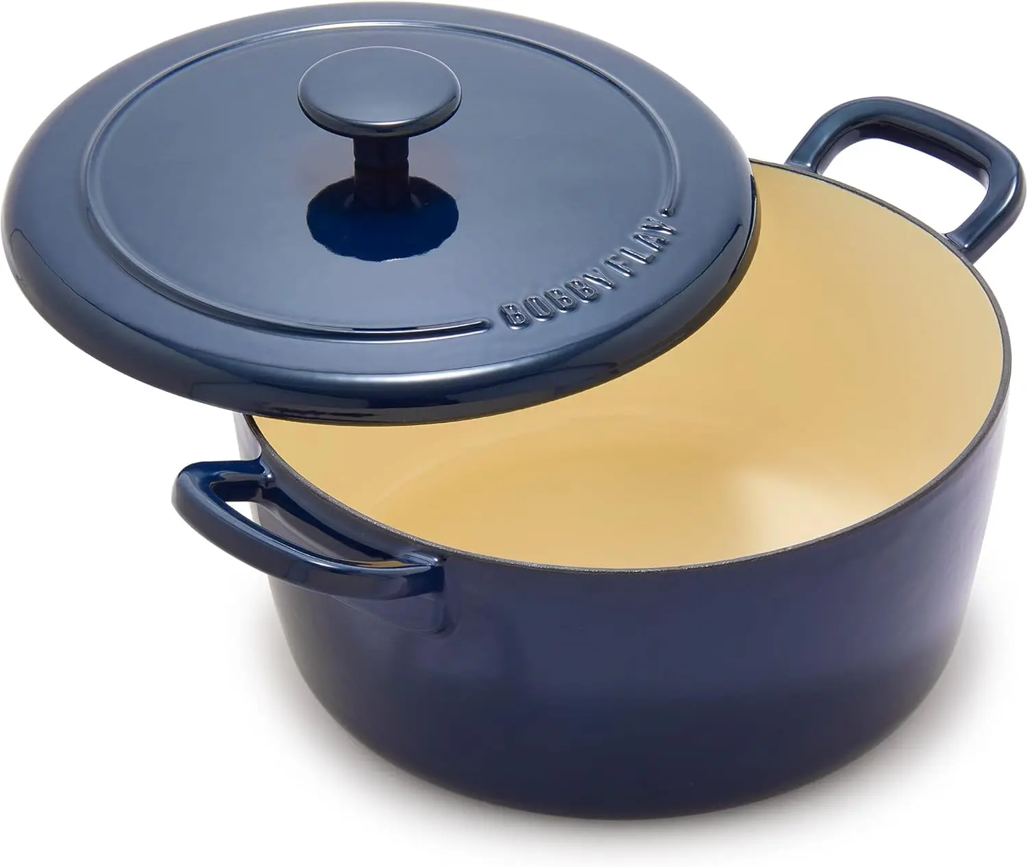 

x Bobby Flay 5.5QT Enameled Cast Iron Round Dutch Oven with Lid, Dual Handles, Oven Safe to 500F & Induction Suitable, Self Bast