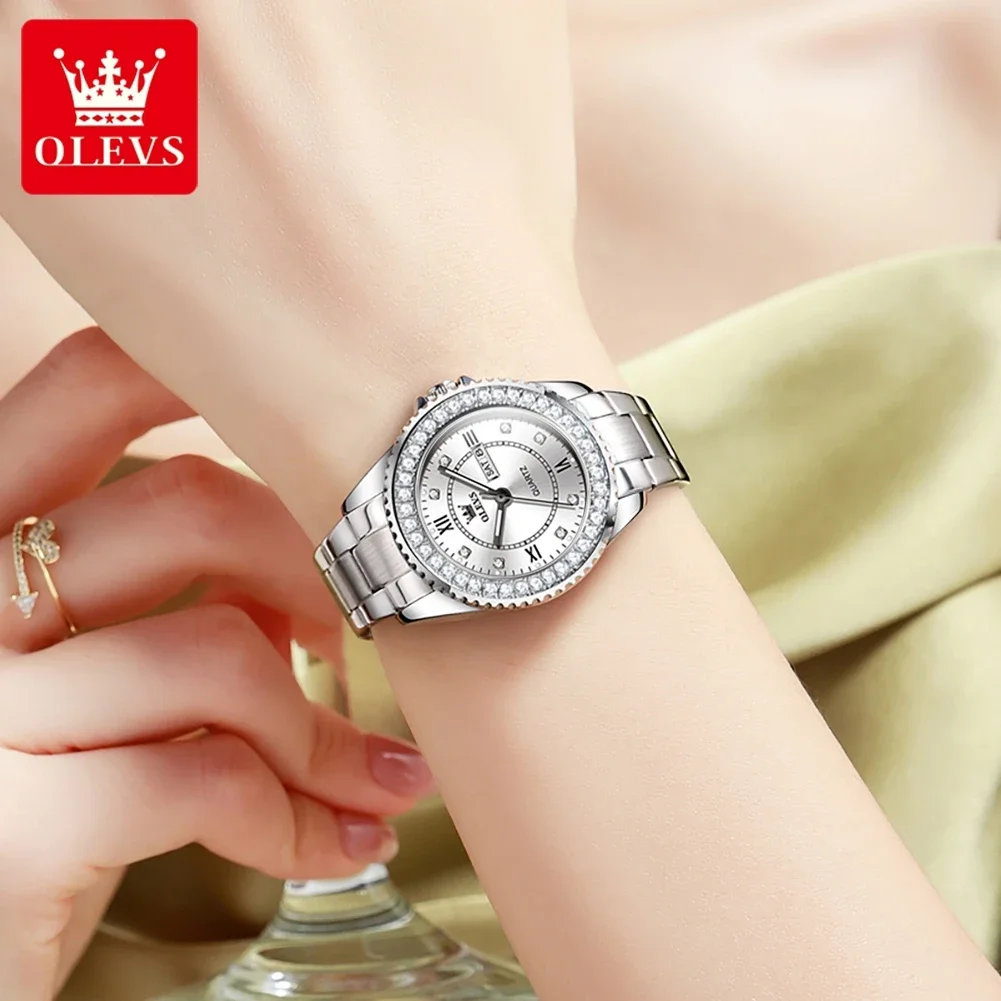 OLEVS Top Brand Fashion Quartz Watch for Women Stainless Steel Waterproof Week Date Diamond Dial Luxury Original Woman Watches