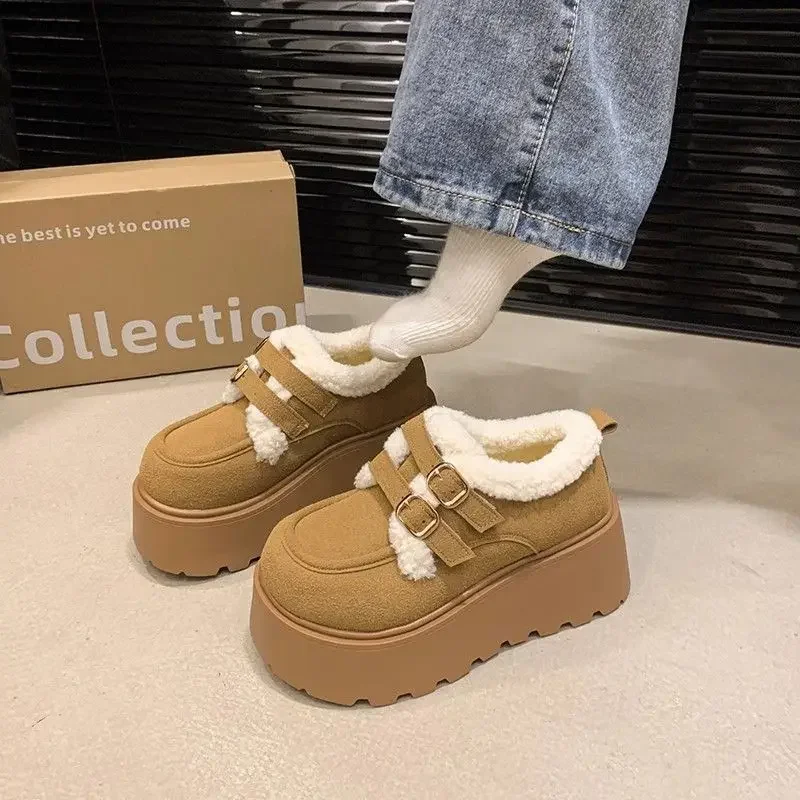 المرأة سميكة القاع الدافئة صوف مبطن أحذية عالية الكعب الثلوج ربيع الخريف الرجعية الانزلاق على الأحذية القطنية المطاط وحيد #2