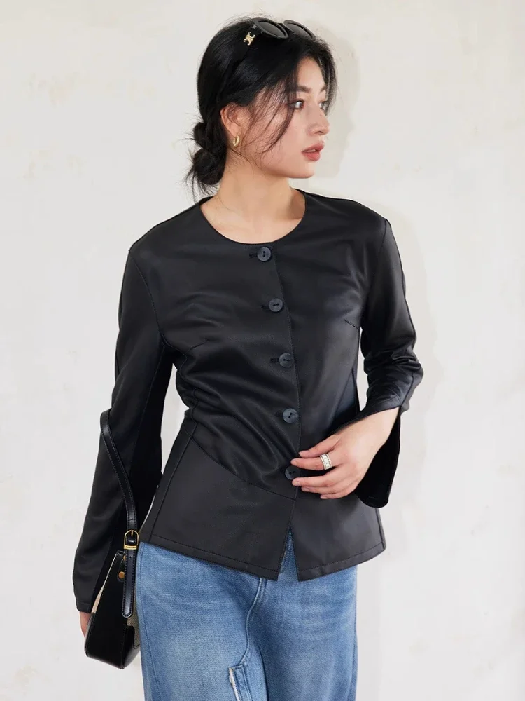 

Simple O-neck Genuine Leather Shirt Jackets for Women Spring Autumn 2026 New High-end Casual Slim Short Real Sheepskin Coat