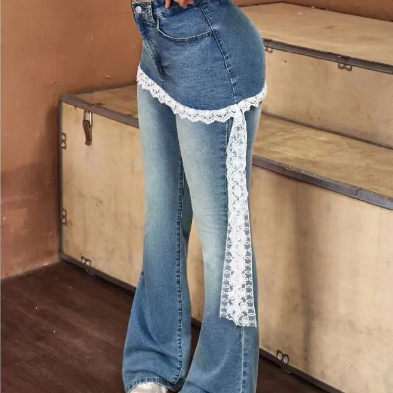Y2K American Women Bootcut Denim Jeans High Waist Stretch Light Wash Lace Fringe Trim Flare Trousers