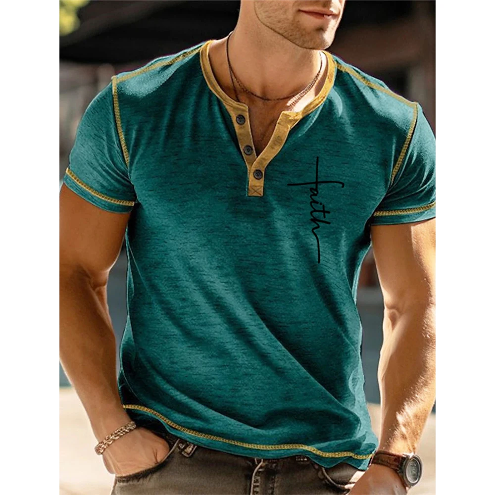 Summer Faith Letter 3D Print Henley Shirts Men's Fashion Streetwear Oversized Button Short Sleeve T Shirt Tees Tops Man Clothing image 3