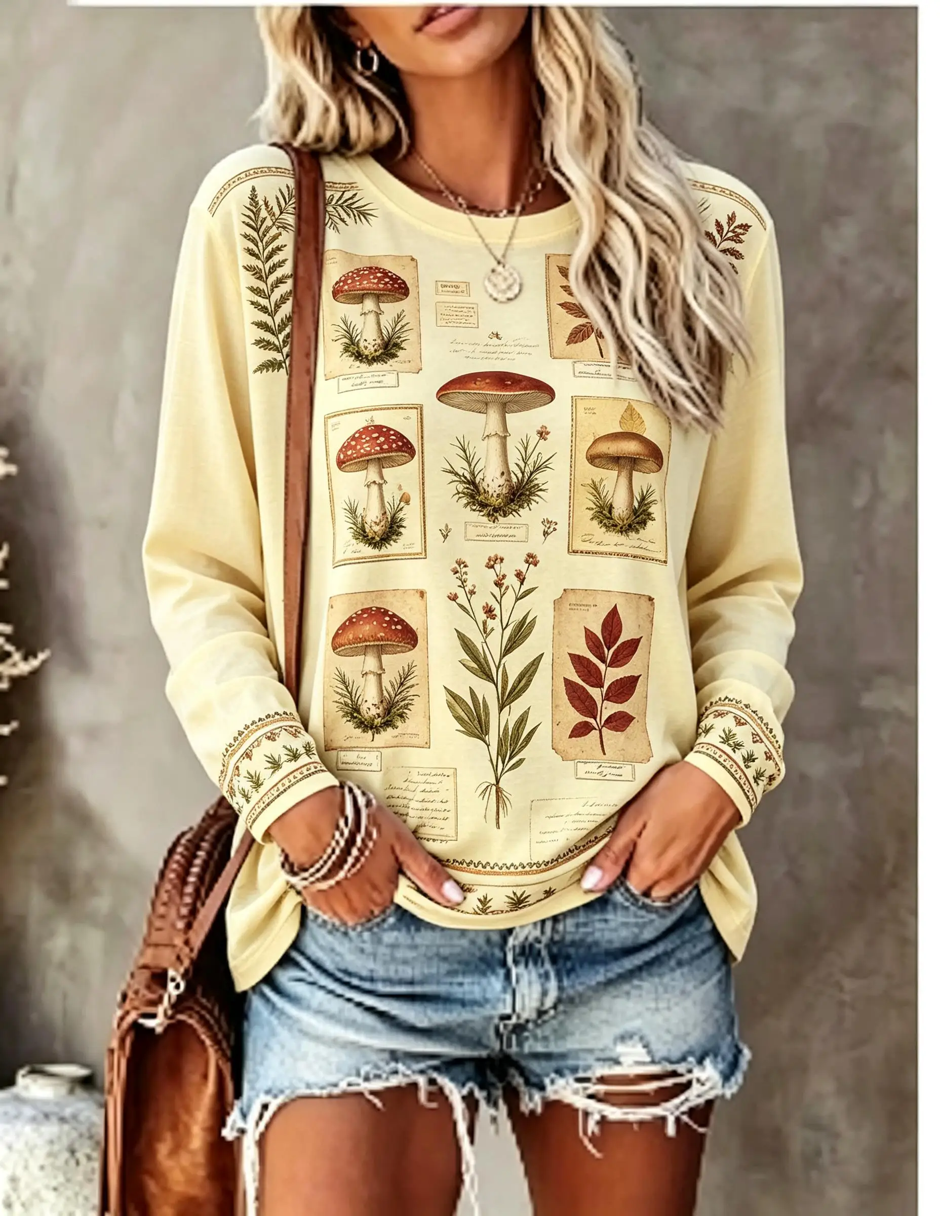 Women Long Sleeve T‑Shirt Vintage Botanical Herb Leaf Specimen Collage Print Crew Neck Casual Loose Tops