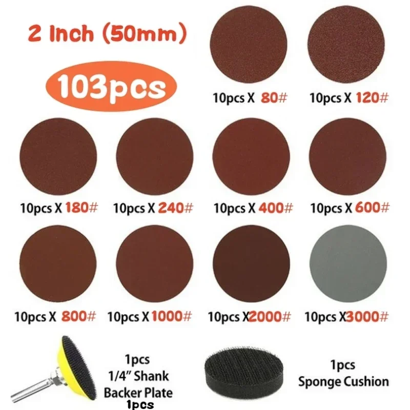 103Pcs 2inch 50mm Sanding Discs Disk 60-2000 Grit Abrasive Polishing Pad Kit for Dremel Rotary Tool Sandpapers Set Accessorie