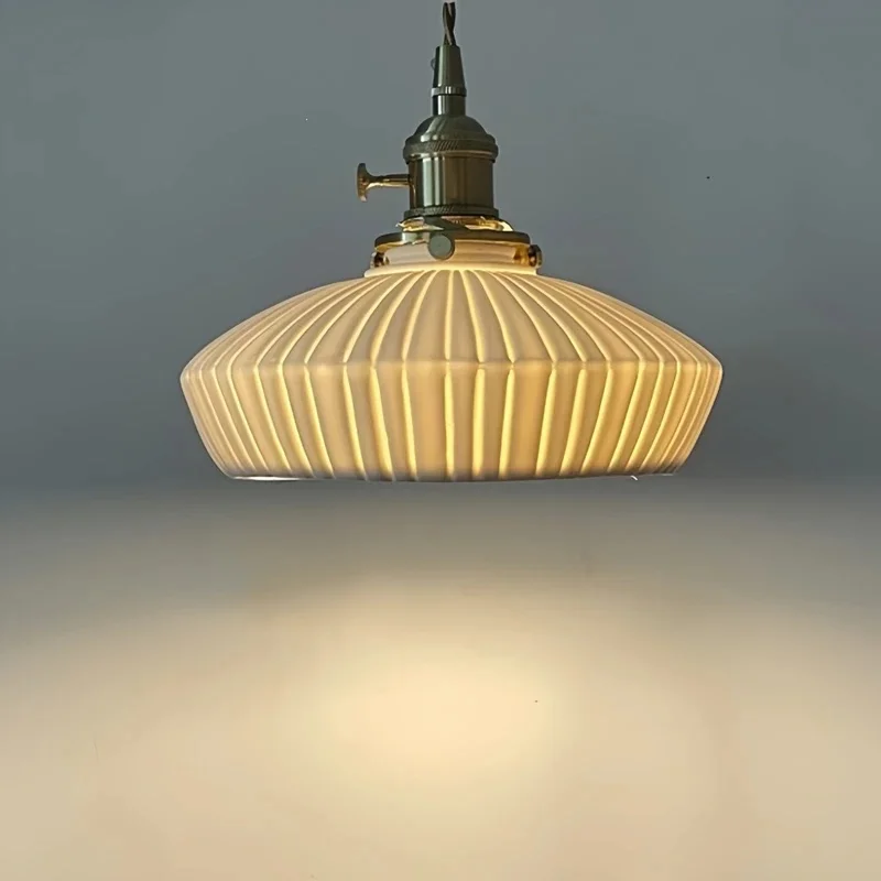 Vintage Ceramic Pendant Light Brass Socket Nordic Pleated Hanging Lamp E27 Base For Kitchen Island Dining Room Bedroom Home
