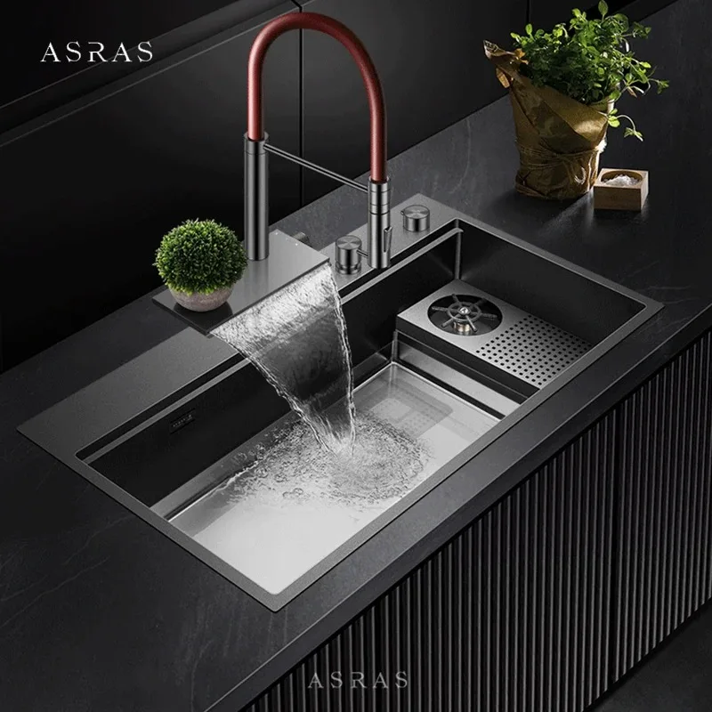 

ASRAS Nano Black 304 Kitchen Sinks Household Basin Large Single Sink with Cup Rinser Right Drain Groove Waterfall Tap Selectable