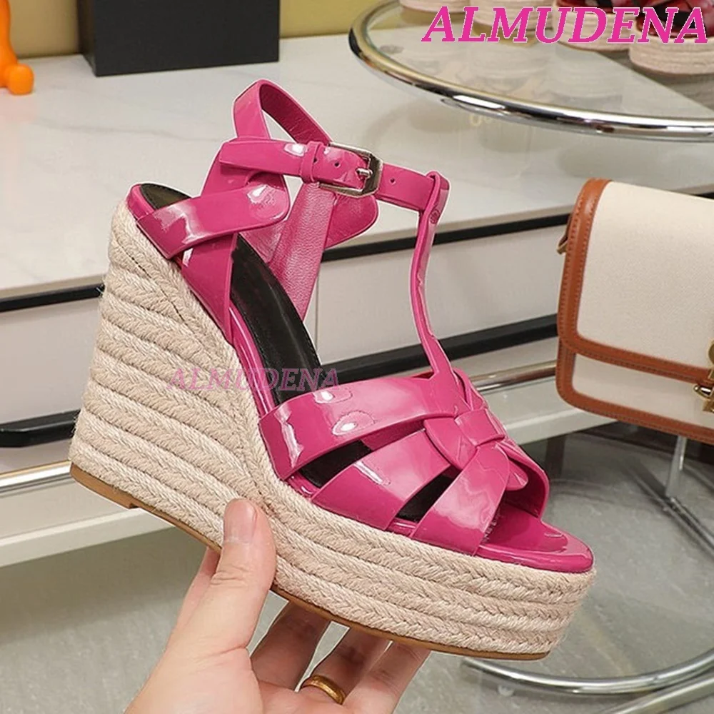 Platform Espadrille Wedge Leather Sandals Women Gold Peep Toe Coloruful High Heels  Ankle Strap Pumps Designer Summer Shoes