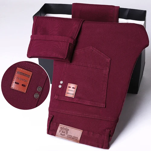 Imagen 1 del producto Pantalones vaqueros ajustados elásticos fucsia para hombre, cómodos pantalones rectos informales de negocios, moda coreana, pantalones vaqueros de Color sólido