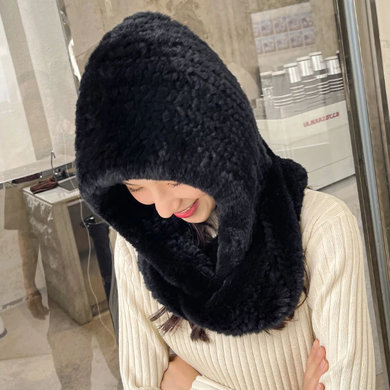 Hot Sale New Women Real Knitted Rex Rabbit Fur Hat Hooded Scarf Long Winter Warm Fur Hat With Neck Collar Scarves Hat Scarf