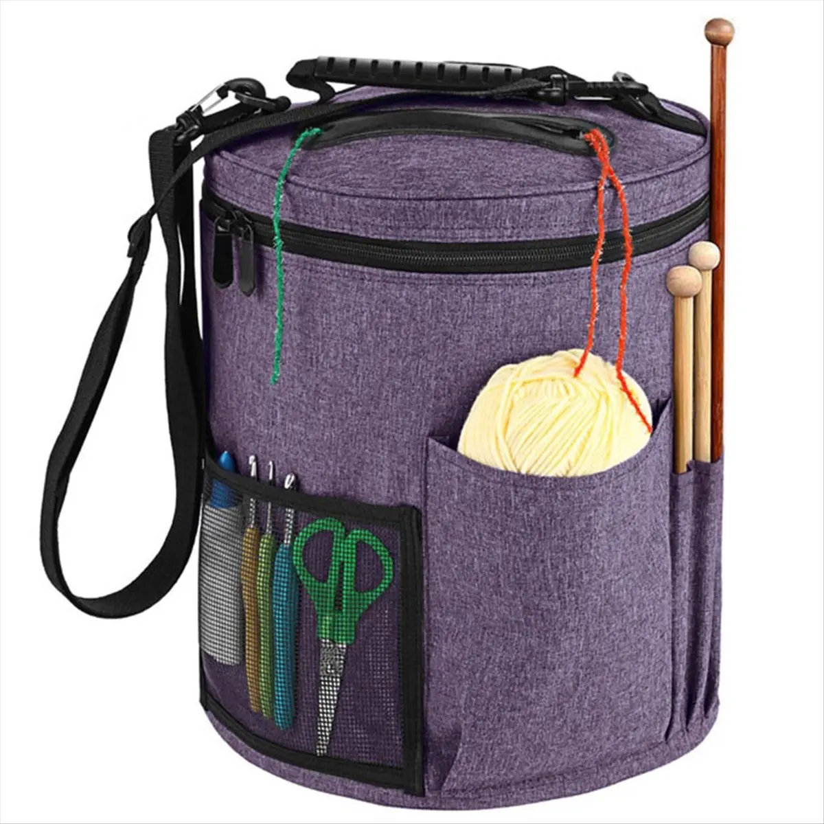ABNH Yarn Storage Bag with Side Pockets & Zippered Lid 11x13in Yarn Organizer with Handle & Shoulder Strap Crochet Storage A