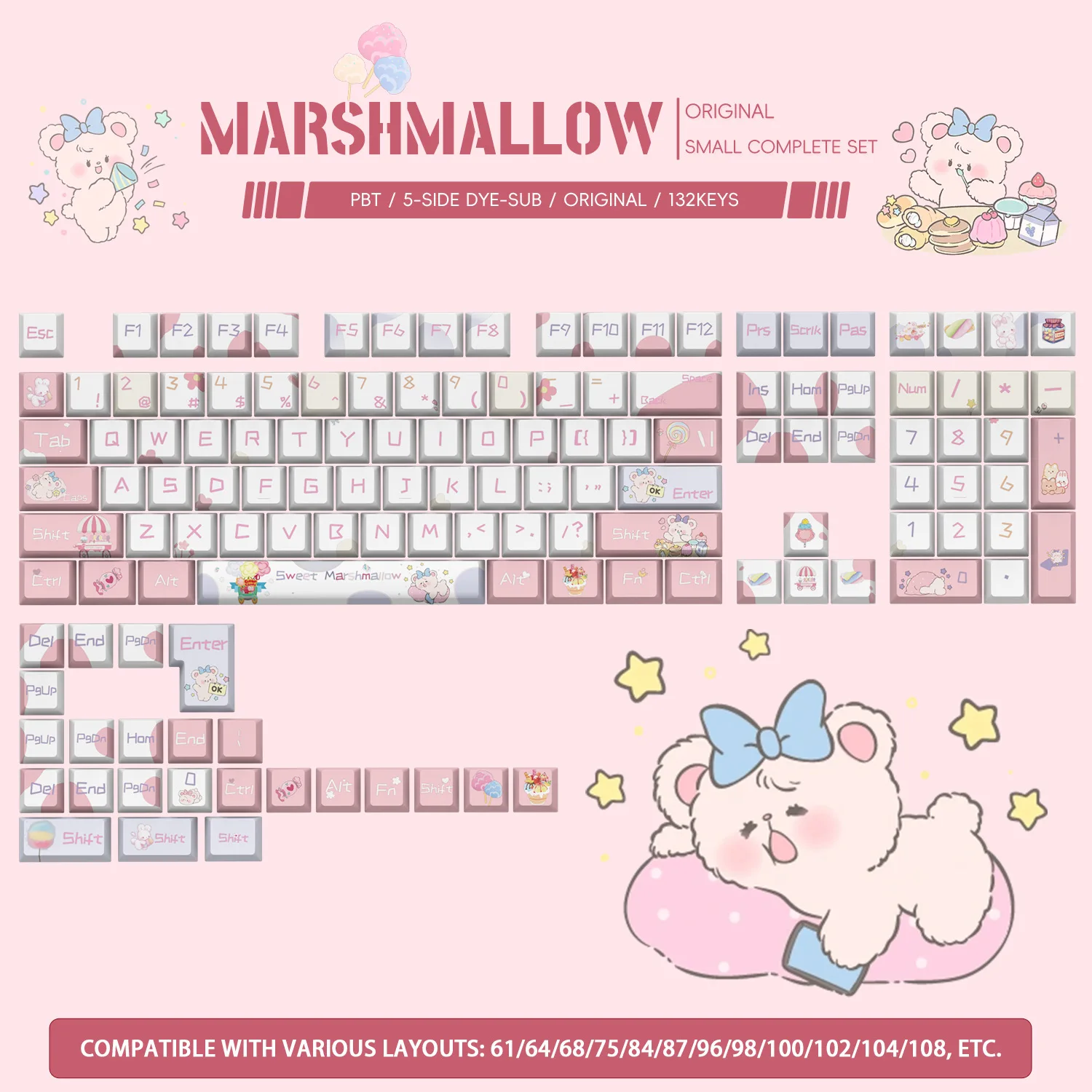 

[Original 132-key marshmallow-Haiyun-strawberry theme] Keycap five-sided PBT hot sublimation