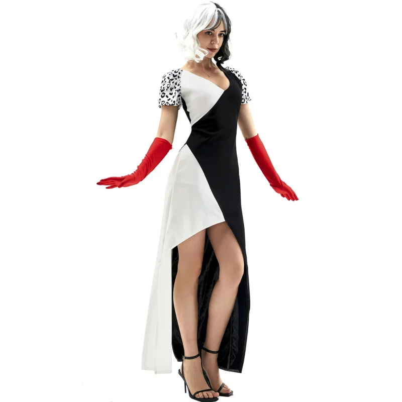 Evil Madame Cruella De Vil Costume Cosplay Women Fancy Black White Sexy Witch Dress Gloves Wig Hallowen Carnival Party Clothes I