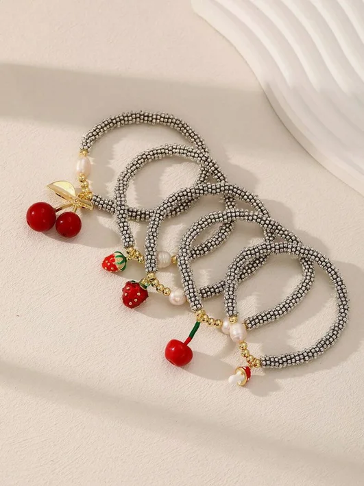 5Pcs Fashion silver beads cherry bracelets women pearl bracelets enamel heart chili mushroom bracelet Jewelry Gifts